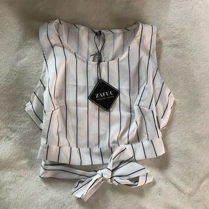 White and navy striped tank top w/ tie back bow